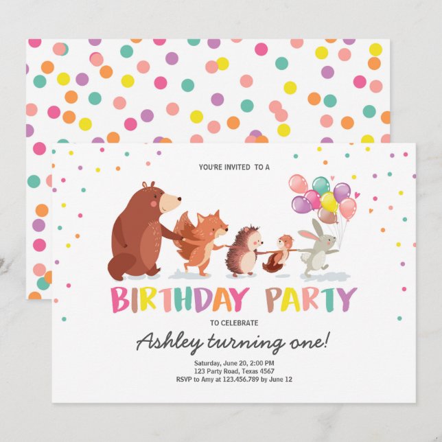 Woodland First Birthday Invitation Forest Animals (Front/Back)