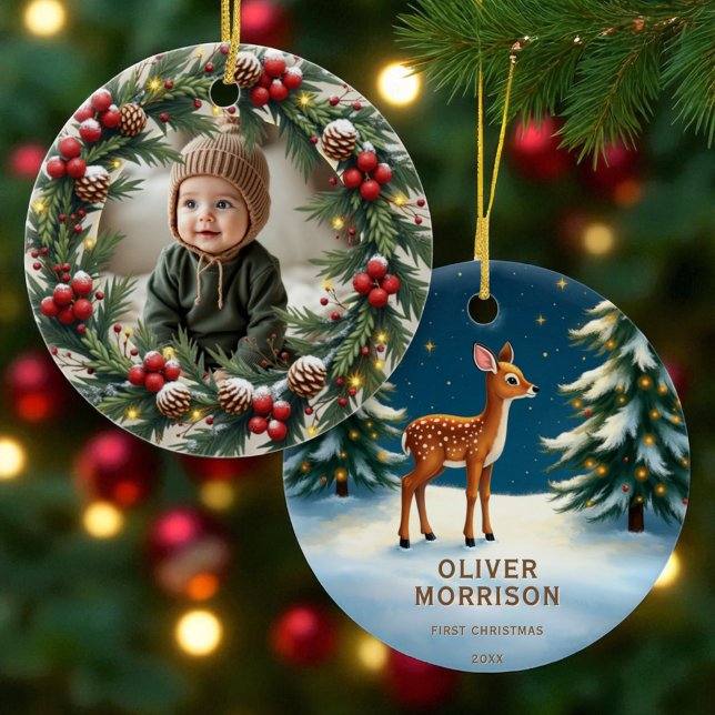 Woodland First Christmas Baby Deer Personalised  Ceramic Tree Decoration (Creator Uploaded)