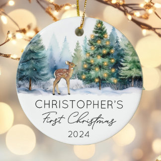 Woodland First Christmas Baby Photo Ceramic Tree Decoration