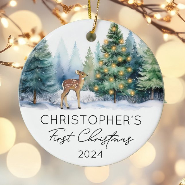Woodland First Christmas Baby Photo Ceramic Tree Decoration (Creator Uploaded)