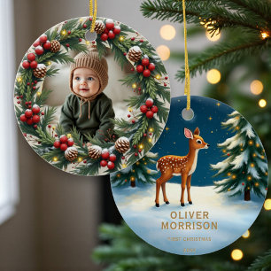 Woodland First Christmas Photo Ceramic Tree Decoration