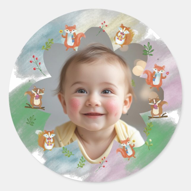 Woodland First Christmas Photo decoration Classic Round Sticker (Front)