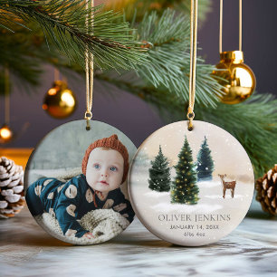 Woodland First Christmas with Birth Stats Photo  Ceramic Tree Decoration