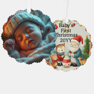 Woodland First Christmas with Birth Stats Photo Tree Decoration Card