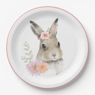 Woodland Floral Bunny Watercolor Baby Shower Paper Plate