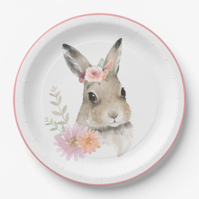 Woodland Floral Bunny Watercolor Baby Shower Paper Plate (Front)