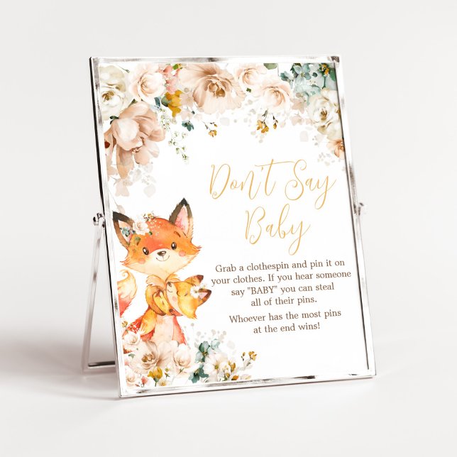 Woodland Floral Fox Baby Shower Don't Say Baby Poster (Fox Baby Shower Don't Say Baby Sign)