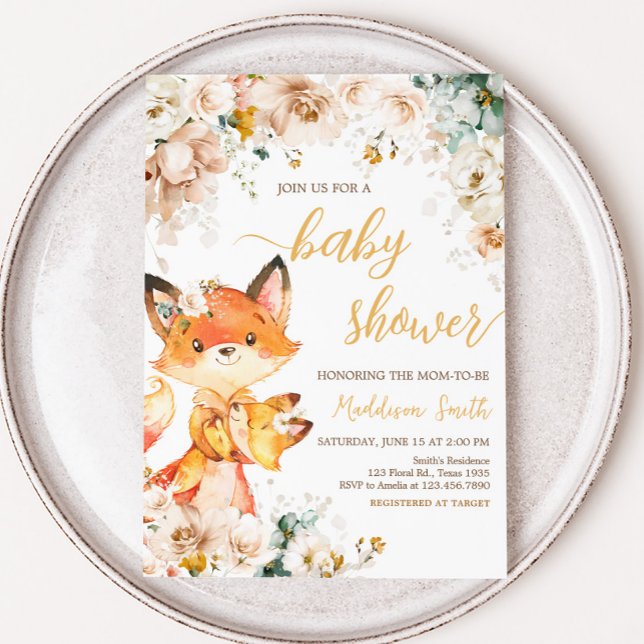 Woodland Floral Fox Baby Shower Invitation (Fox Baby Shower Invitation)
