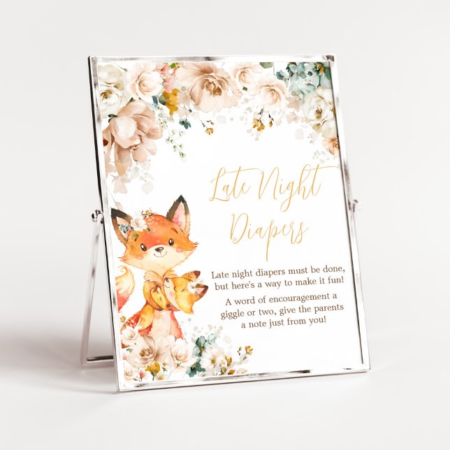 Woodland Floral Fox Baby Shower Late Night Diapers Poster (Fox Baby Shower Late Night Diapers Sign)