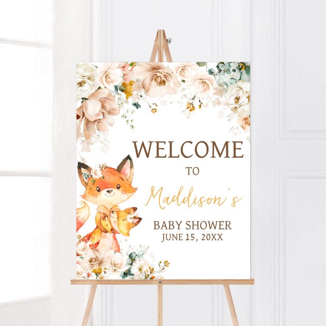 Woodland Floral Fox Baby Shower Welcome Poster (Fox Baby Shower Welcome Sign)