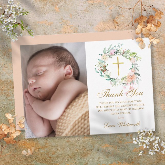 Woodland Floral Garland Baptism, Christening Photo Thank You Card (Woodland Floral Garland Baptism, Christening Photo Thank You Card)