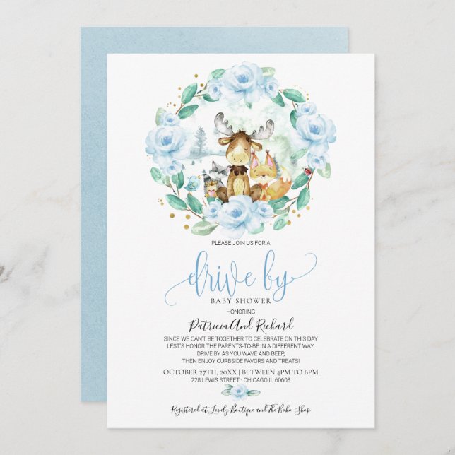Woodland Floral Greenery Drive By Baby Shower Invitation (Front/Back)