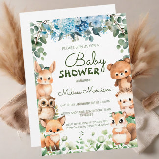 Woodland Floral Greenery Forest Animal Baby Shower Invitation