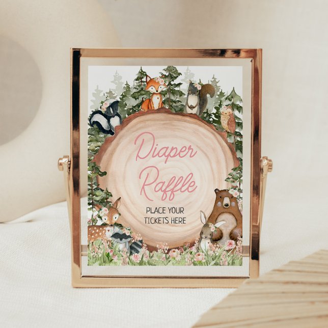 Woodland Floral Wood Slice Diaper Raffle Poster (Floral Woodland Animals Baby Shower Diaper Raffle Sign)
