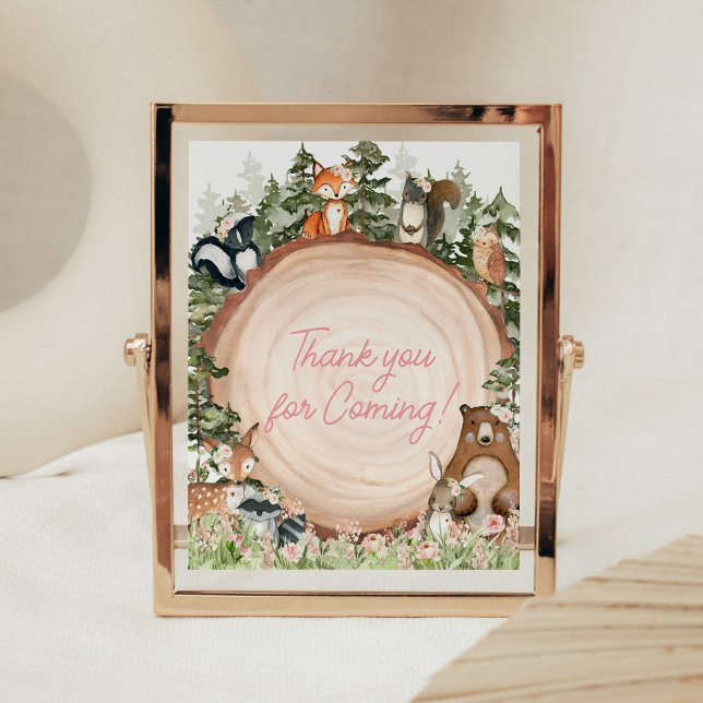 Woodland Floral Wood Slice Thank you for Coming Poster (Floral Woodland Animals Baby Shower Thank you for Coming Sign)