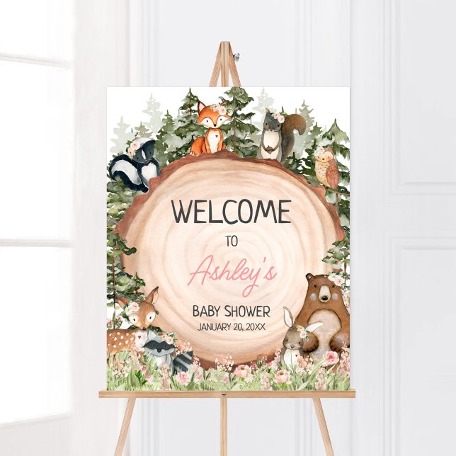 Woodland Floral Wood Slice Welcome Poster (Floral Woodland Animals Baby Shower Welcome Sign)