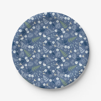 Woodland flowers fern birds blue green paper plate