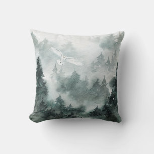 Woodland Foggy Mountain Forest Circling White Owl Cushion