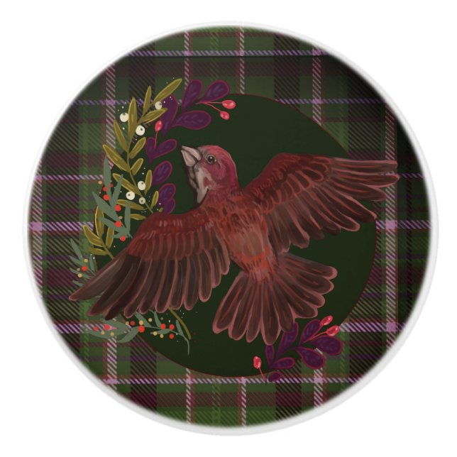 Woodland foliage & Purple Finch  Ceramic Knob (Front)