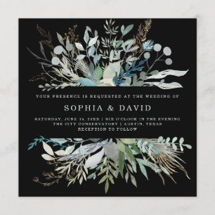 Woodland Foliage Wedding Black Invitation