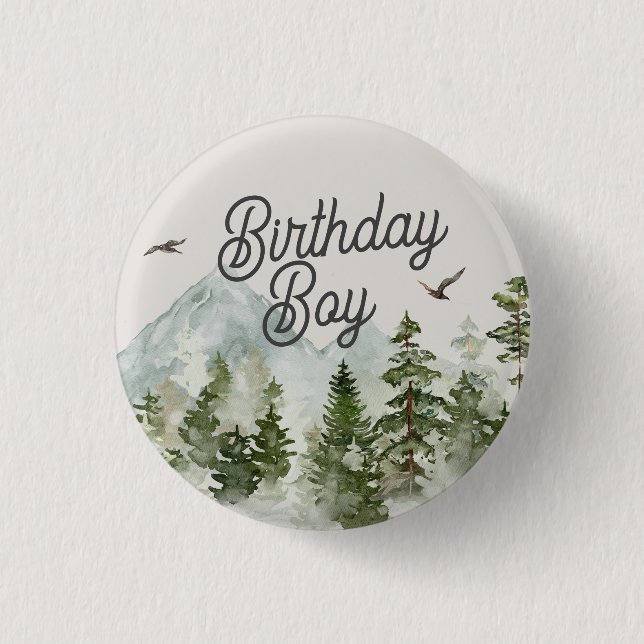  woodland forest adventure awaits birthday boy 3 cm round badge (Front)