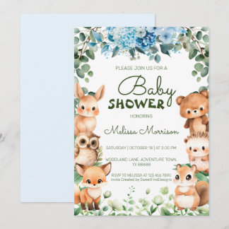 Woodland Forest Animal Floral Greenery Baby Shower Invitation