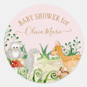 Woodland Forest Animal Pink Deer Fox Owl Foliage Classic Round Sticker