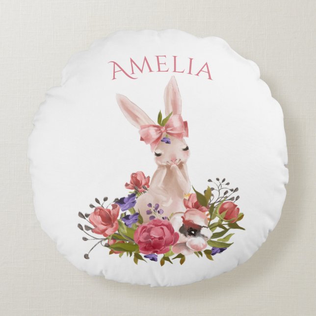 Woodland Forest Animal Pink Floral Name Round Cushion (Front)