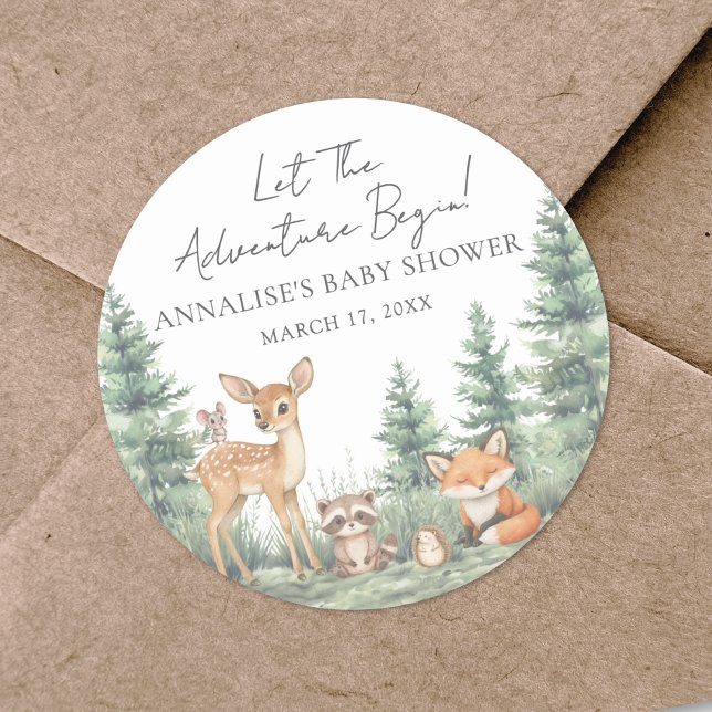 Woodland Forest Animals Adventure Baby Shower Classic Round Sticker (Woodland Forest Animals Adventure Baby Shower Classic Round Sticker )