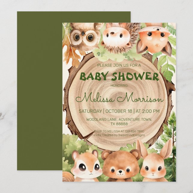 Woodland Forest Animals and Wood Baby Boy Shower Invitation (Front/Back)