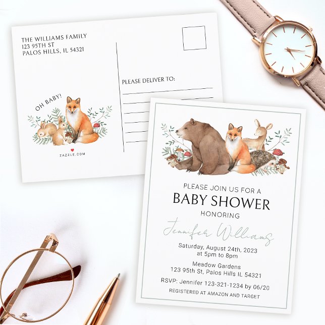 Woodland forest animals baby boy shower postcard (Creator Uploaded)
