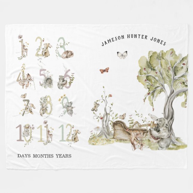 Woodland Forest Animals | Baby Milestone  Fleece Blanket (Front (Horizontal))