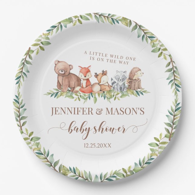 Woodland forest animals baby shower paper plates (Front)