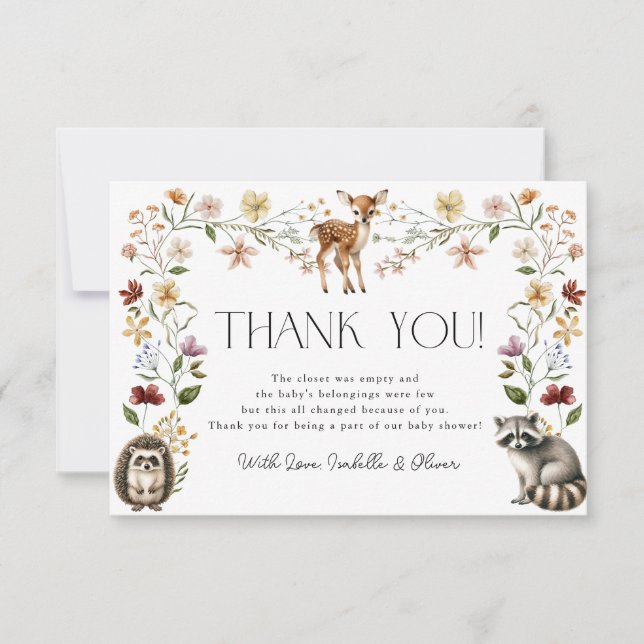 Woodland Forest Animals Baby Shower Thank You Card (Front)