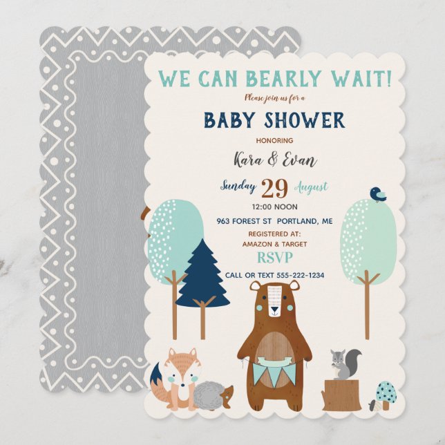 Woodland Forest Animals Bear Rustic Blue Brown Invitation (Front/Back)