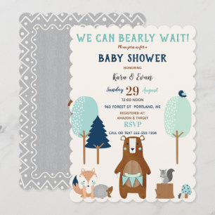 Woodland Forest Animals Bear Rustic Blue Brown Invitation