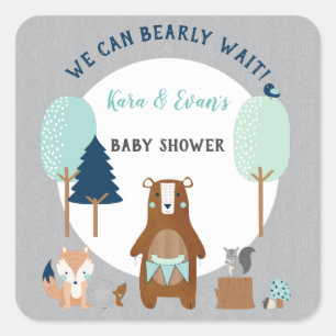 Woodland Forest Animals Bear Rustic Blue Grey Square Sticker