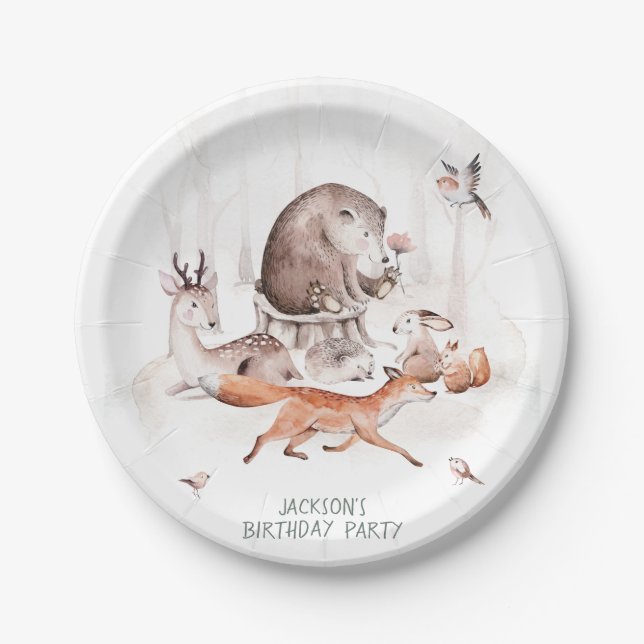 Woodland Forest Animals Birthday or Baby Shower Paper Plate (Front)