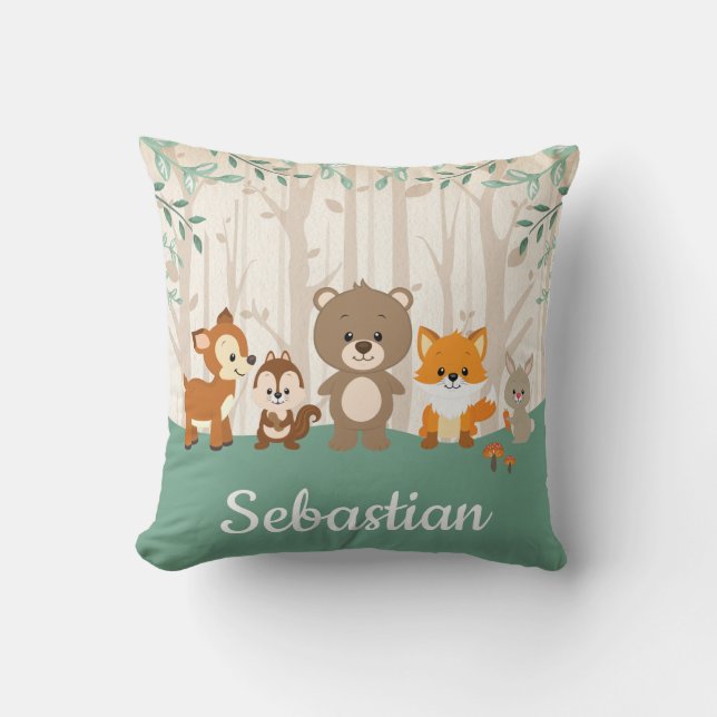 Woodland Forest Animals Deer Fox Bear Nursery Cushion (Front)