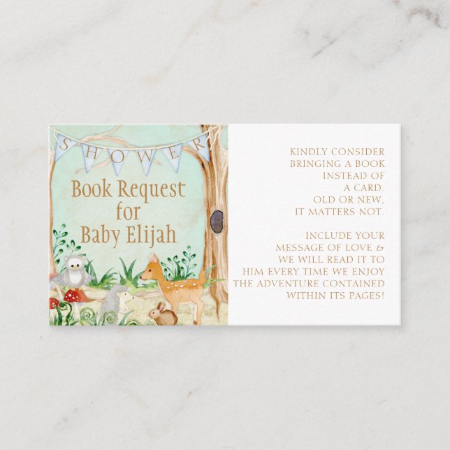 Woodland Forest Animals Deer Owl Book Request Business Card (Front)
