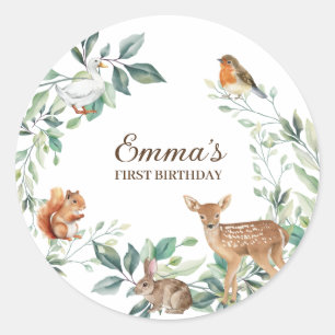Woodland Forest Animals First Birthday Classic Round Sticker