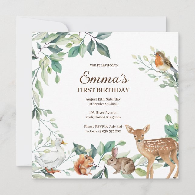 Woodland Forest Animals First Birthday Invitation (Front)