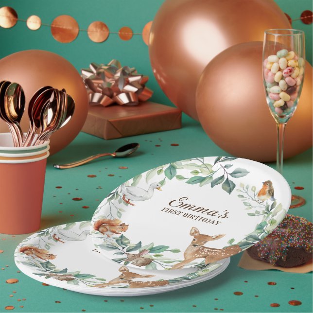 Woodland Forest Animals First Birthday Invitation Paper Plate (Multi)