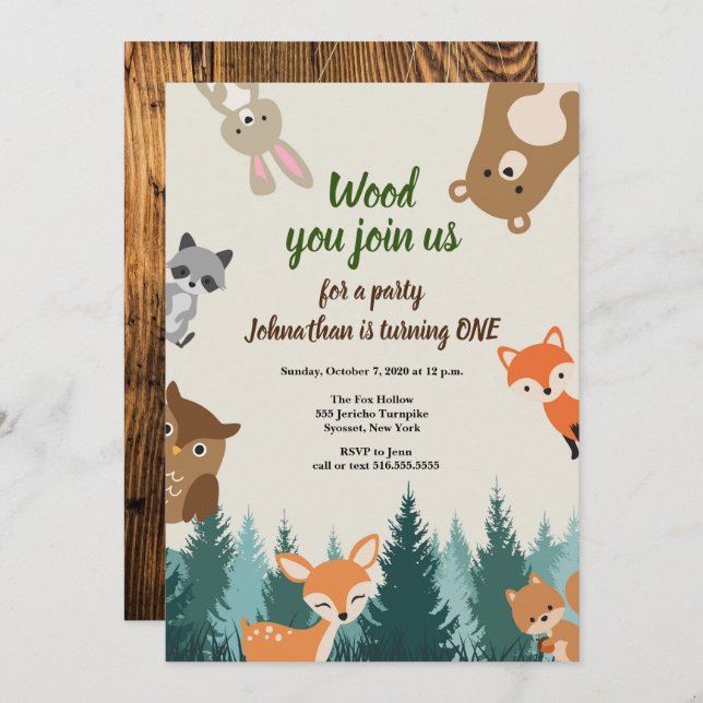 Woodland Forest Animals Greenery 1st Birthday Invitation (Front/Back)