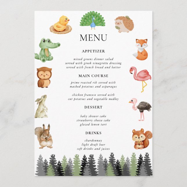 Woodland Forest Animals Menu (Front)