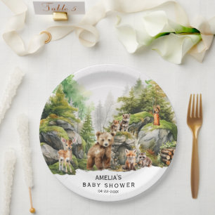 Woodland Forest Animals Neutral Green Baby Paper Plate