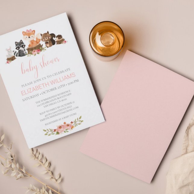 Woodland Forest Animals Pink Floral Baby Shower Invitation (Creator Uploaded)