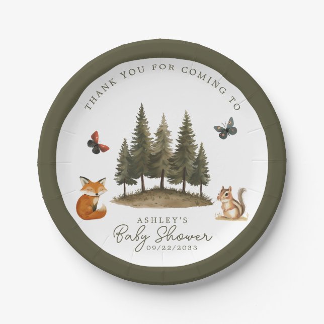 Woodland Forest Animals Watercolor Baby Shower Paper Plate (Front)