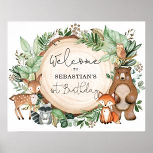 Woodland Forest Animals Wild One Birthday Welcome Poster