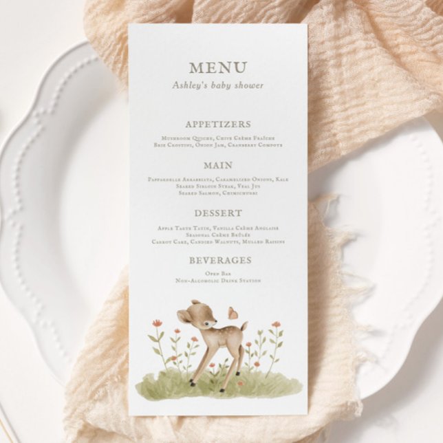 Woodland Forest Baby Shower Menu (Customize the text, colors, and design placement to fit your needs!)